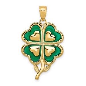 14k Yellow Gold 4-Leaf Clover Charm Pendant Enameled Tips Necklace Charm Pendant